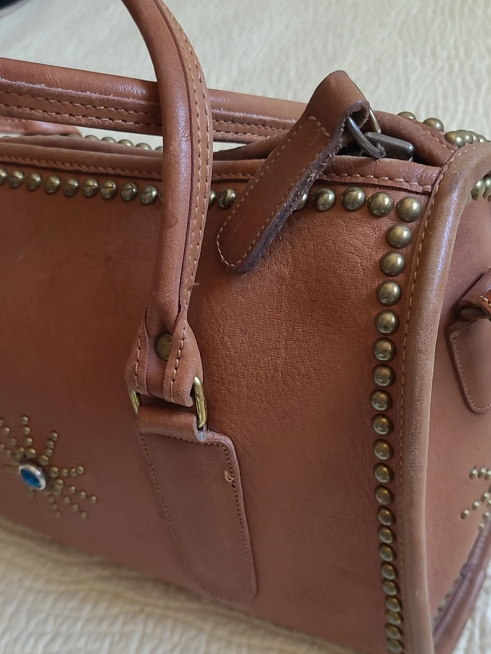Coach Tan Leather Satchel with Turquoise Sunburst Accent - Picture 6 of 16